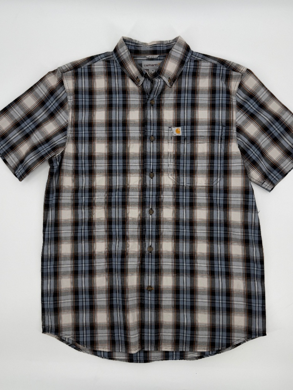 Carhartt Plaid Shirt Short Sleeve Button Down Blue Tan Flannel Gorpcore Men M